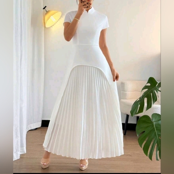 Women Elegant Stand Collar Patchwork Pleated Hem Waist-Cinched Dress - Picture 5 of 7